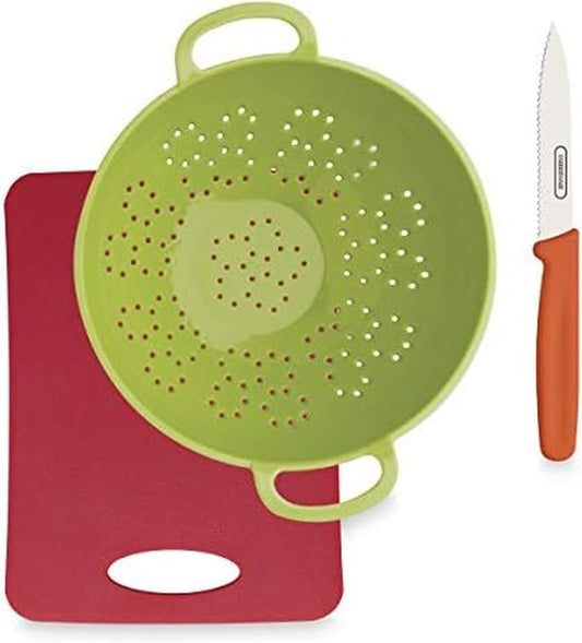 Healthy Eating 3 Piece Set with Mini Colander with Paring Knife, Small Cutting Mat