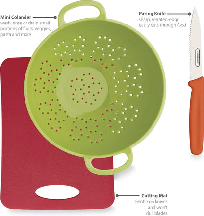 Healthy Eating 3 Piece Set with Mini Colander with Paring Knife, Small Cutting Mat