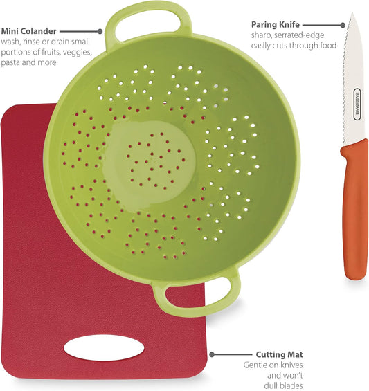 Healthy Eating 3 Piece Set with Mini Colander with Paring Knife, Small Cutting Mat