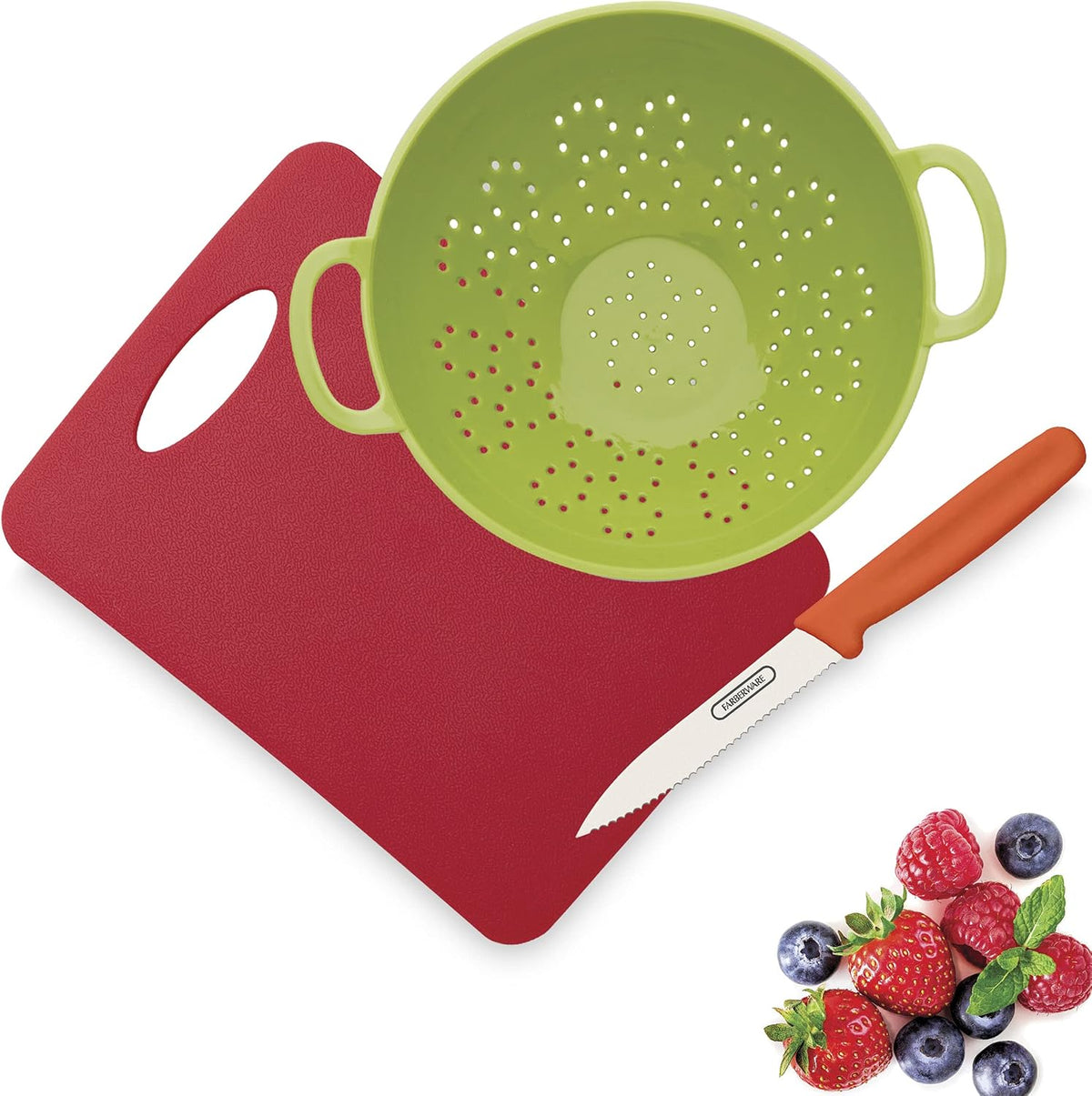 Healthy Eating 3 Piece Set with Mini Colander with Paring Knife, Small Cutting Mat