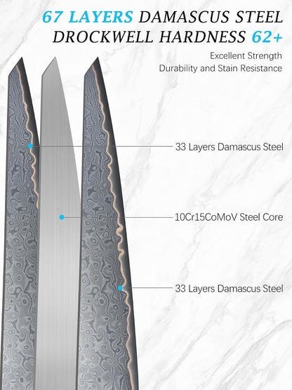 7" Damascus Santoku Knife, 67-Layer Damascus Kitchen Chef Knife
