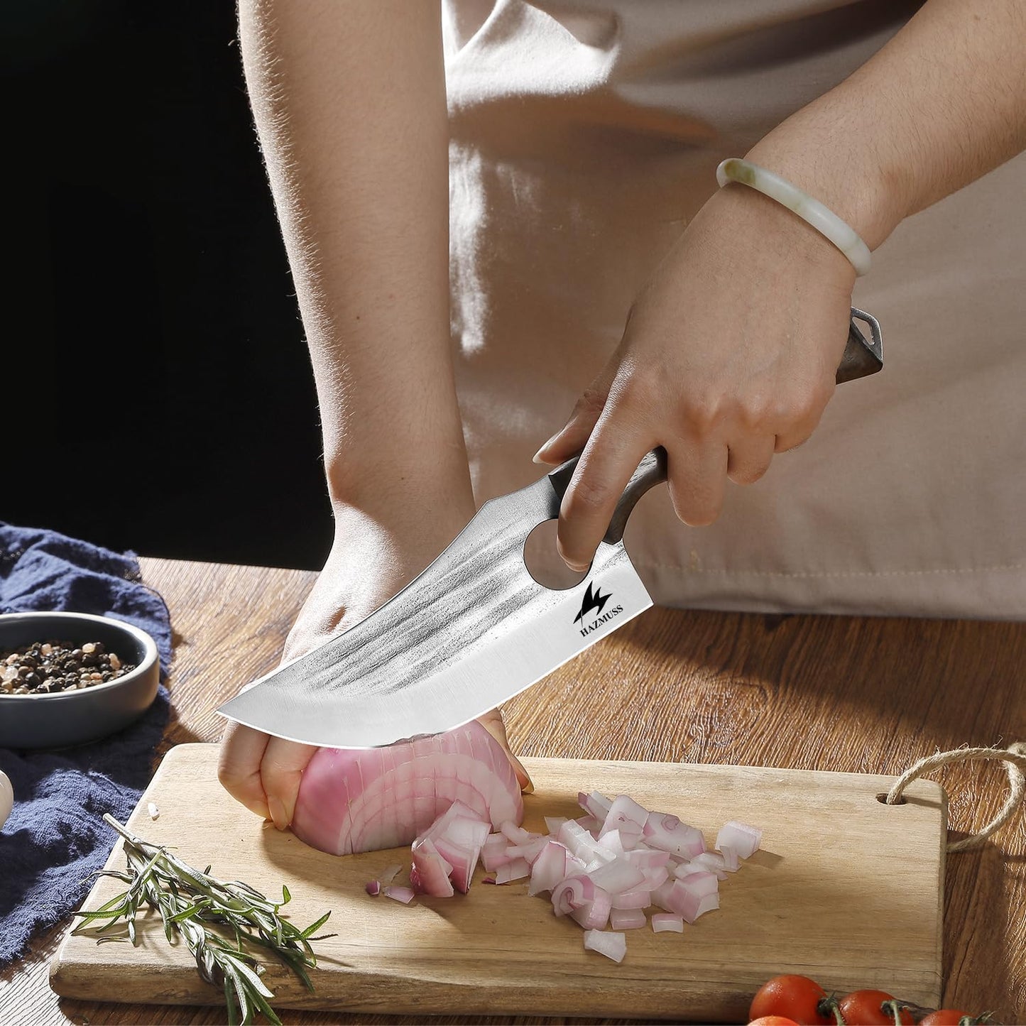 Nakiri Knife, 5.5" - High Carbon Stainless Steel Blade Usuba-Knive, for Cooking, Chopping, Full Tang, Ergonomic Ash Wood Handles, with Leather Sheath