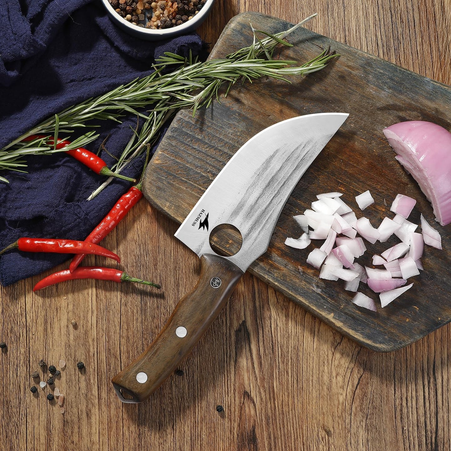 Nakiri Knife, 5.5" - High Carbon Stainless Steel Blade Usuba-Knive, for Cooking, Chopping, Full Tang, Ergonomic Ash Wood Handles, with Leather Sheath