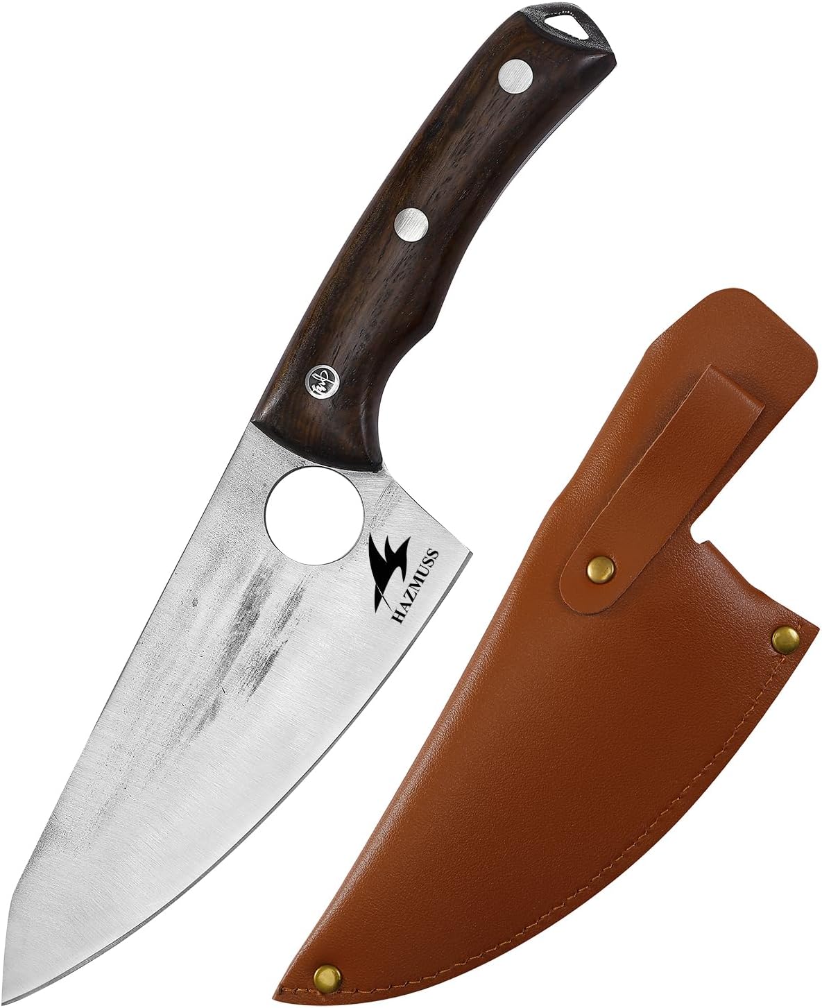 Nakiri Knife, 5.5" - High Carbon Stainless Steel Blade Usuba-Knive, for Cooking, Chopping, Full Tang, Ergonomic Ash Wood Handles, with Leather Sheath