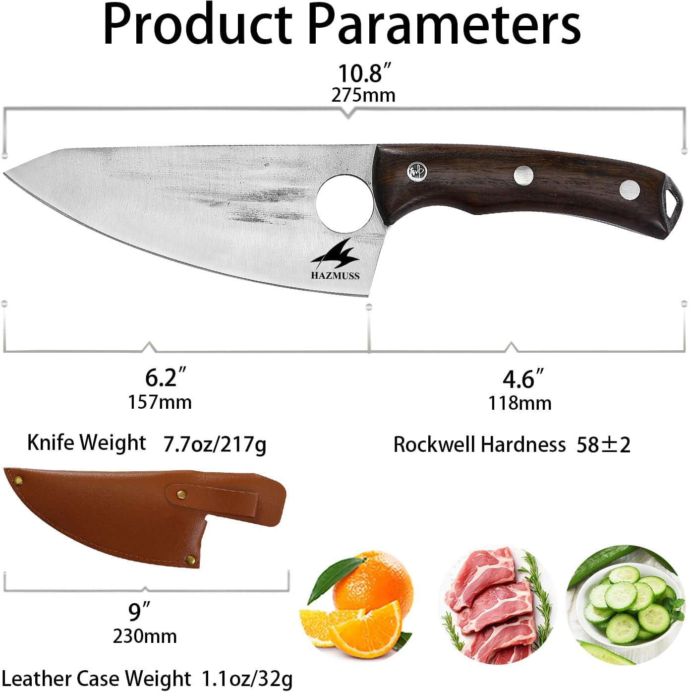 Nakiri Knife, 5.5" - High Carbon Stainless Steel Blade Usuba-Knive, for Cooking, Chopping, Full Tang, Ergonomic Ash Wood Handles, with Leather Sheath