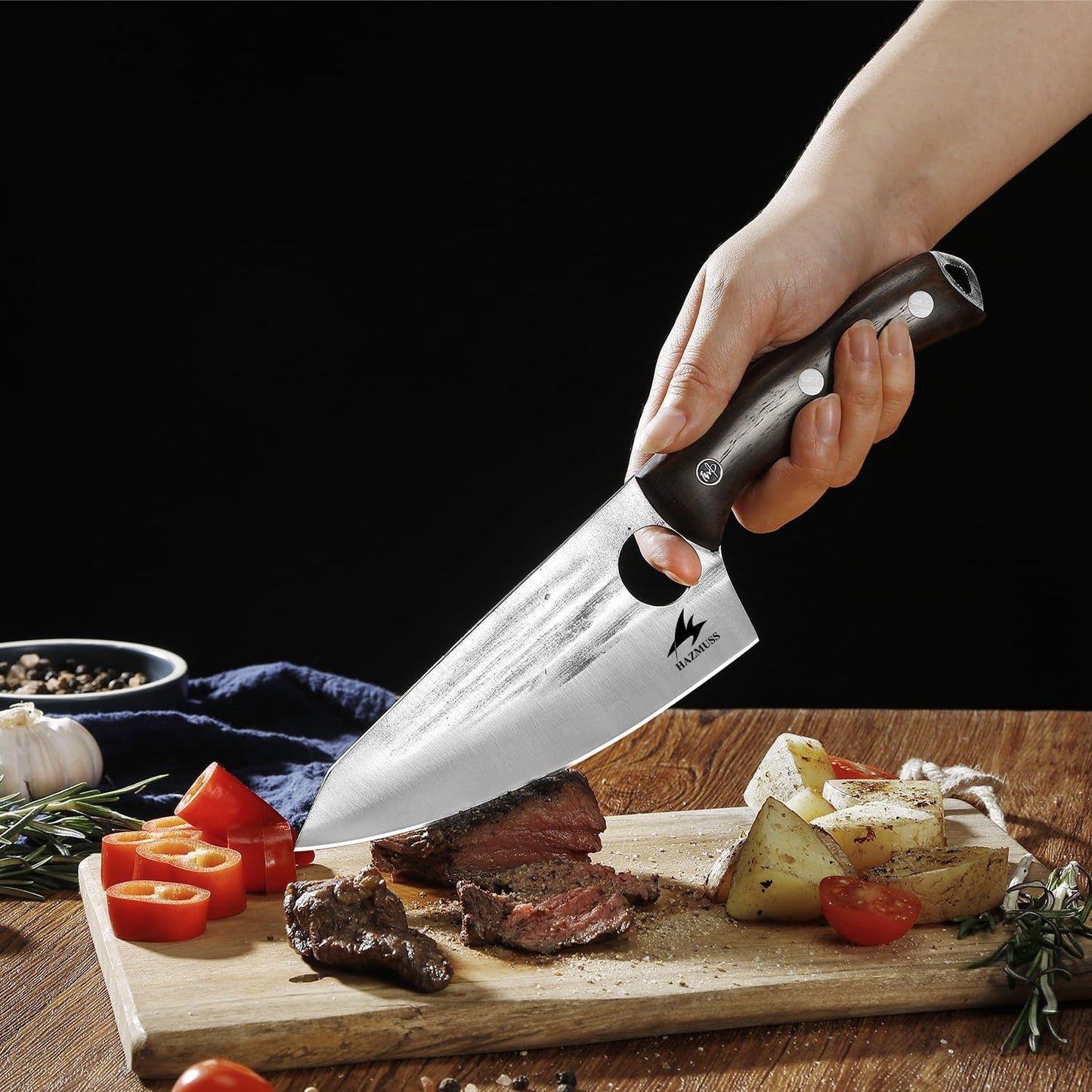 Nakiri Knife, 5.5" - High Carbon Stainless Steel Blade Usuba-Knive, for Cooking, Chopping, Full Tang, Ergonomic Ash Wood Handles, with Leather Sheath