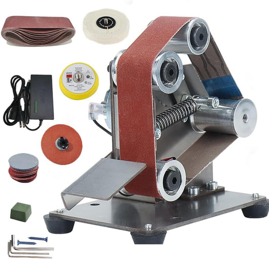 Electric Mini Belt Sander Polishing-Grinding Sharpener, 13 x 1.2inch Power 7 Adjustable Speed Multifunctional Mini Bench Belt Grinder Kit for Metal Knife Wood Polishing