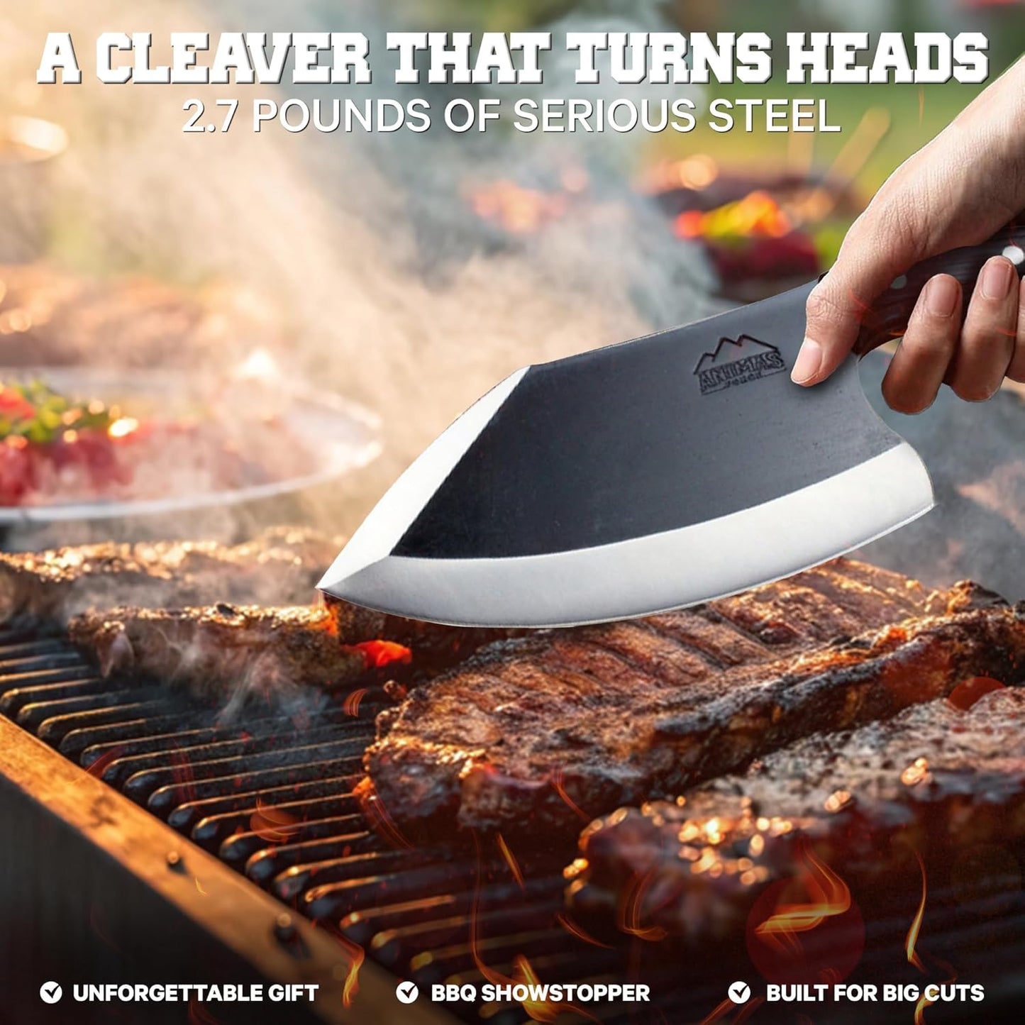 Dynamite Cleaver Meat Cleaver Knife Heavy Duty High Carbon Steel Butcher Knife Desert Hardwood Handle Full Tang BBQ Meat Cutting Butchering Kitchen Cooking Outdoor Camp Bone Chopping Prep