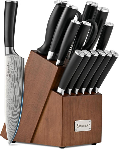 Knife Set with Block and Sharpener, 15 Pcs Kitchen Knife Block Set