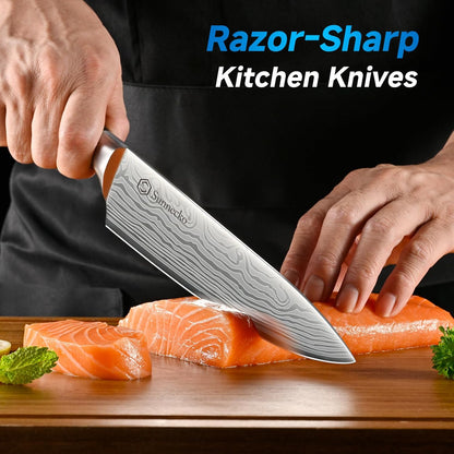 Knife Set with Block and Sharpener, 15 Pcs Kitchen Knife Block Set