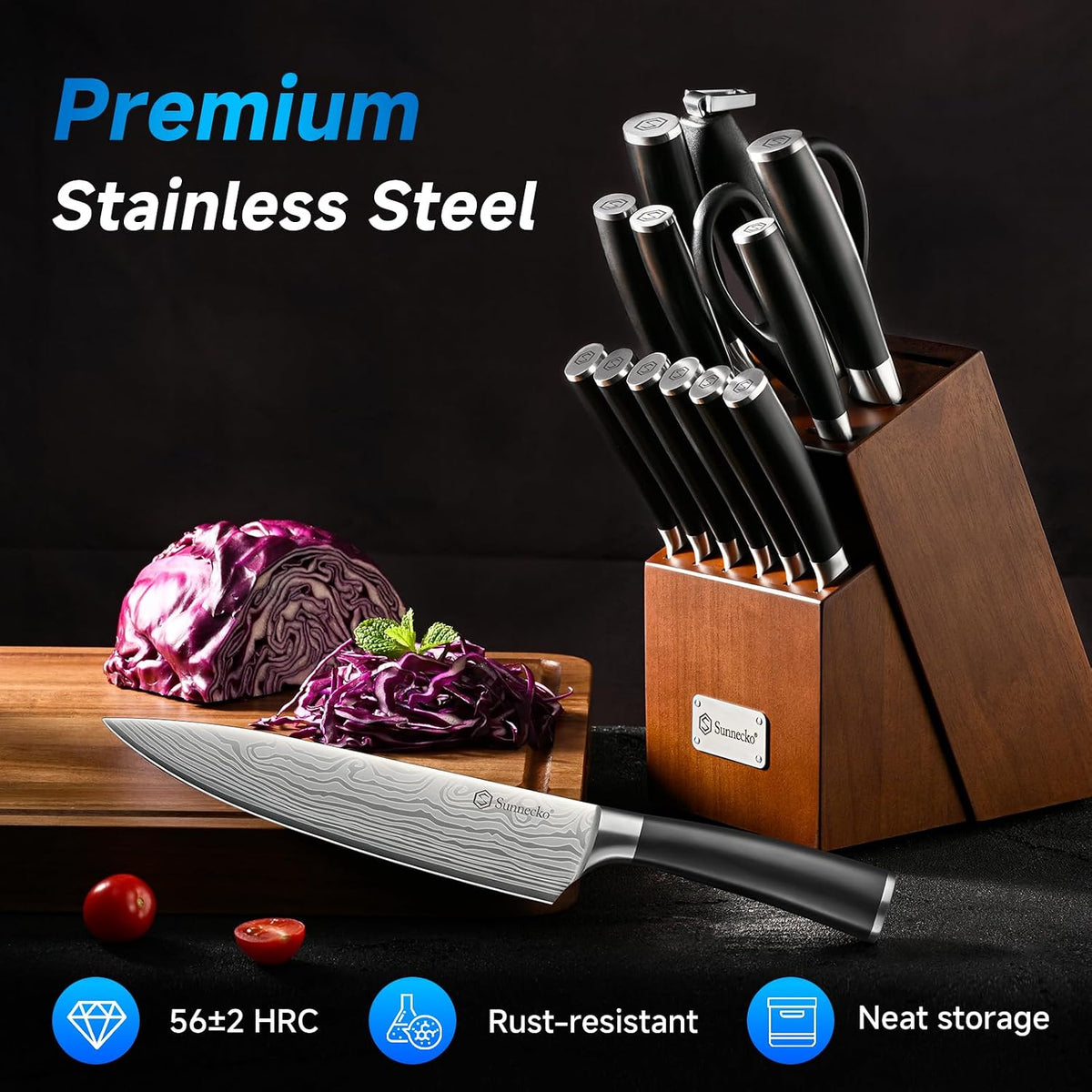 Knife Set with Block and Sharpener, 15 Pcs Kitchen Knife Block Set