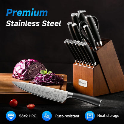 Knife Set with Block and Sharpener, 15 Pcs Kitchen Knife Block Set