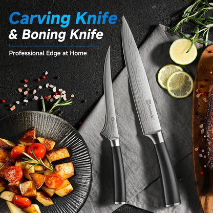 Knife Set with Block and Sharpener, 15 Pcs Kitchen Knife Block Set