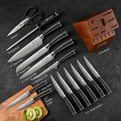 Knife Set with Block and Sharpener, 15 Pcs Kitchen Knife Block Set