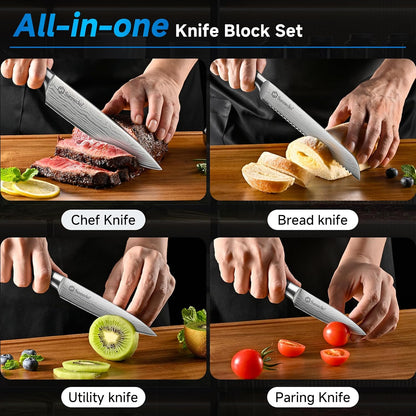 Knife Set with Block and Sharpener, 15 Pcs Kitchen Knife Block Set