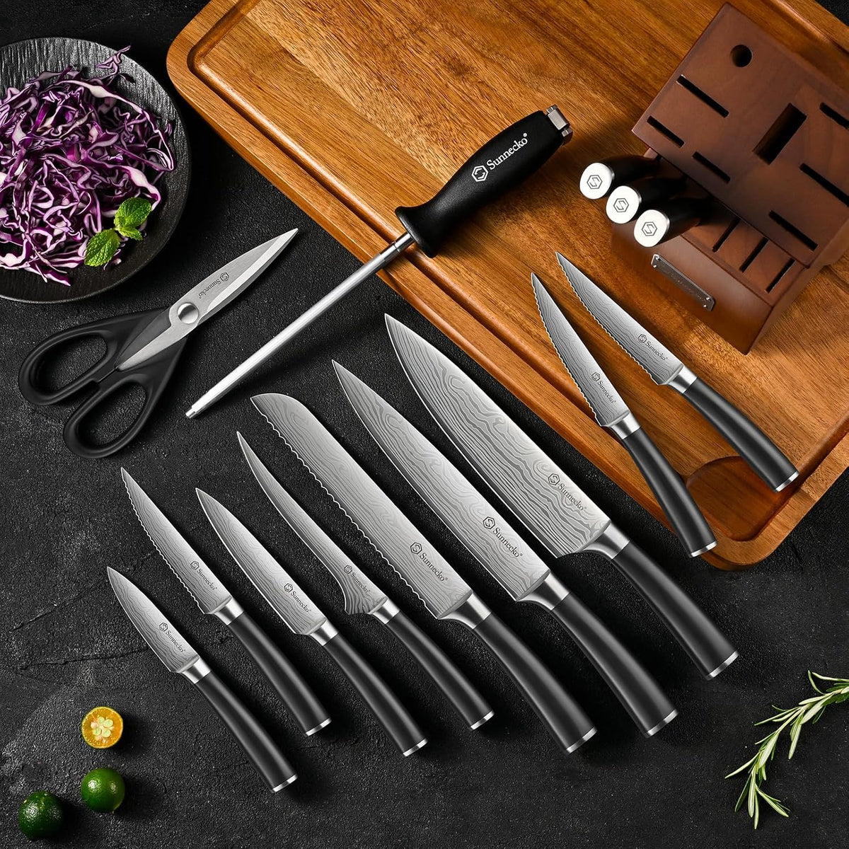 Knife Set with Block and Sharpener, 15 Pcs Kitchen Knife Block Set