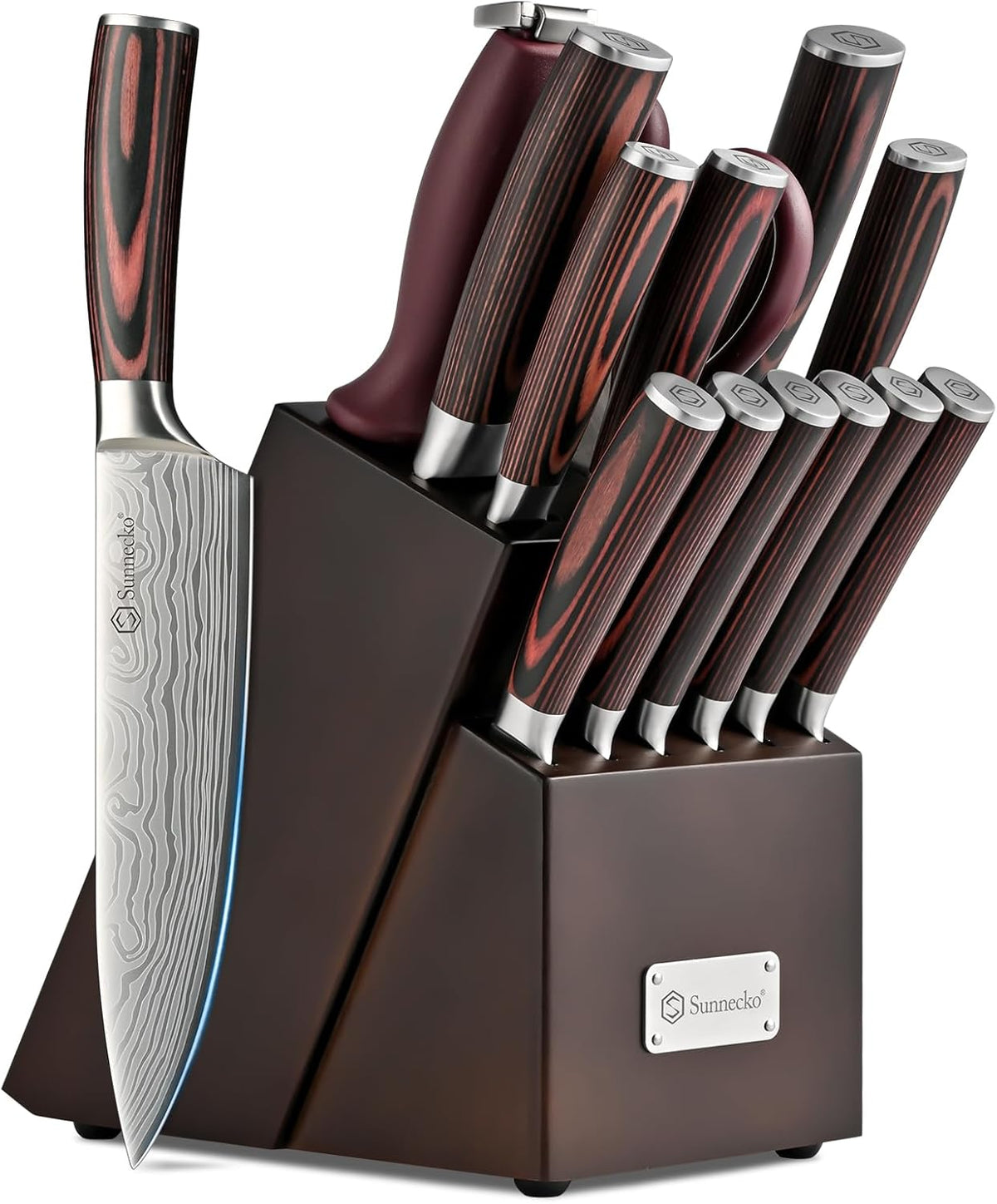 Knife Set with Block and Sharpener, 15 Pcs Kitchen Knife Block Set