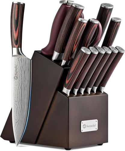 Knife Set with Block and Sharpener, 15 Pcs Kitchen Knife Block Set