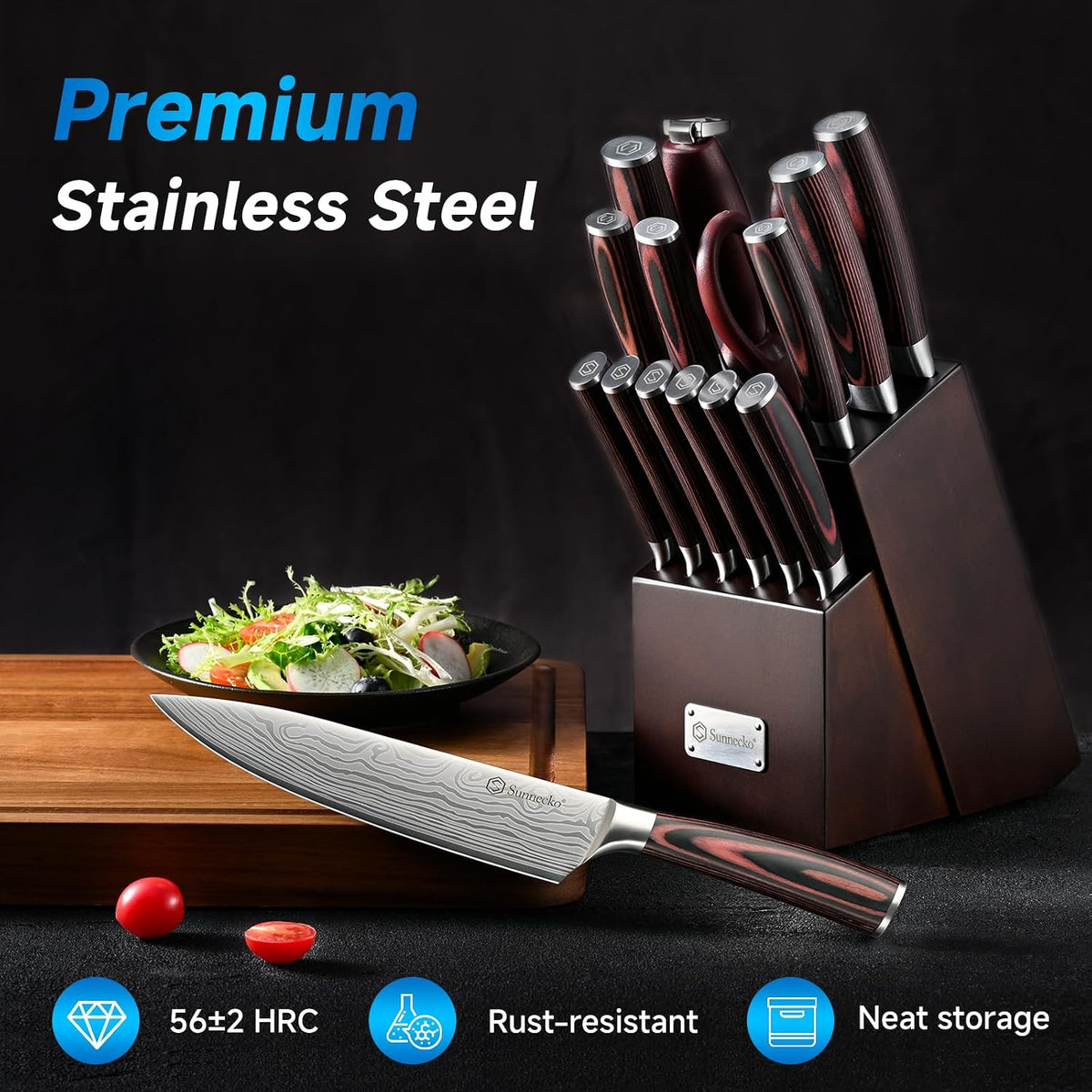 Knife Set with Block and Sharpener, 15 Pcs Kitchen Knife Block Set