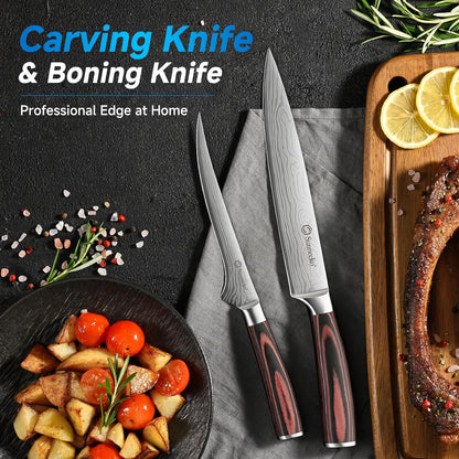 Knife Set with Block and Sharpener, 15 Pcs Kitchen Knife Block Set