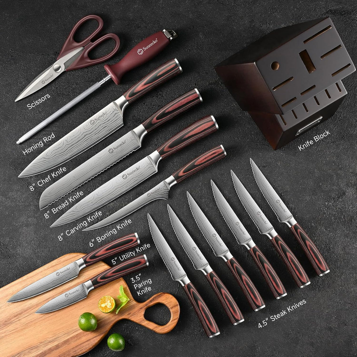 Knife Set with Block and Sharpener, 15 Pcs Kitchen Knife Block Set