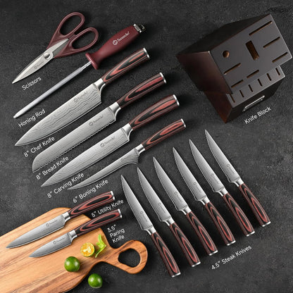 Knife Set with Block and Sharpener, 15 Pcs Kitchen Knife Block Set