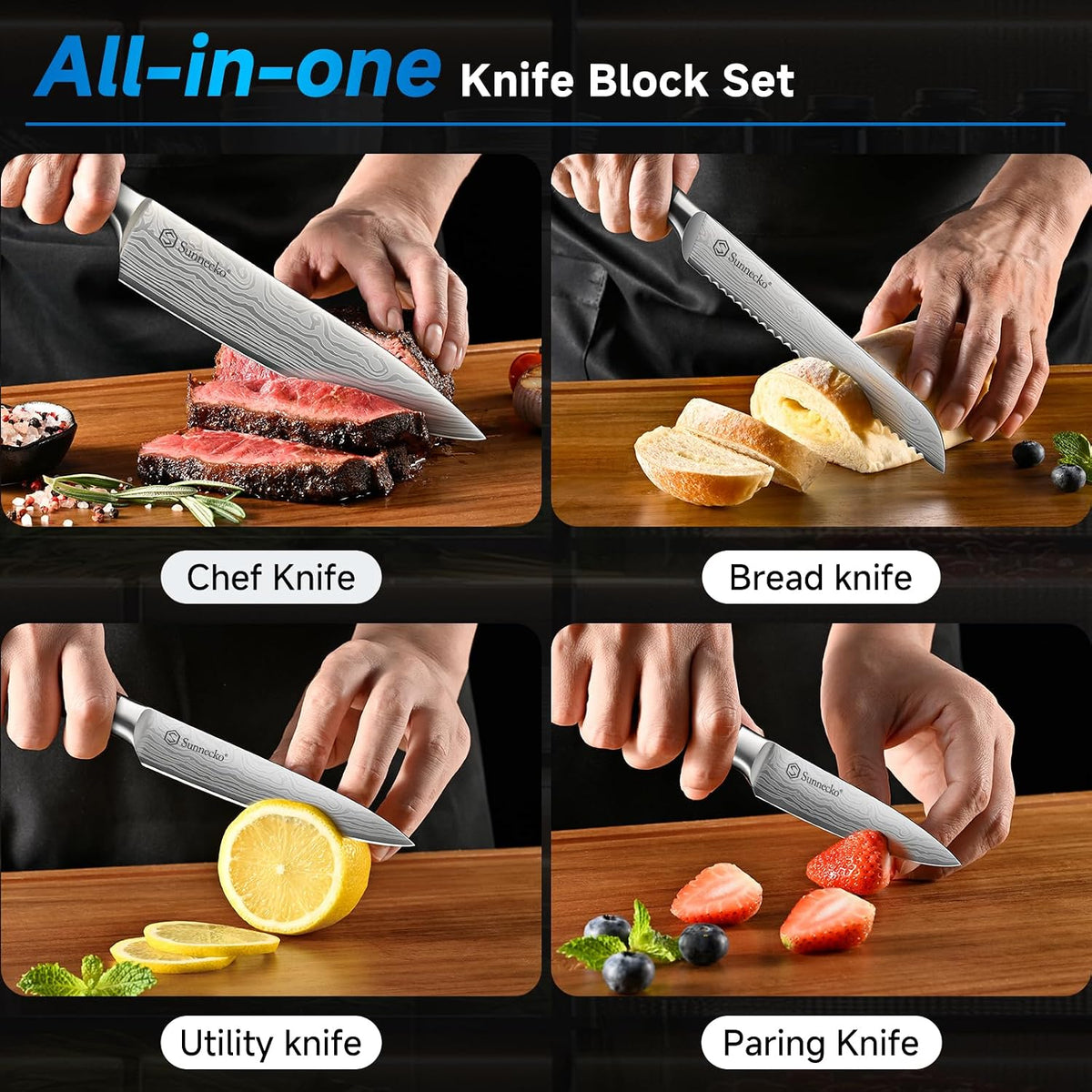 Knife Set with Block and Sharpener, 15 Pcs Kitchen Knife Block Set