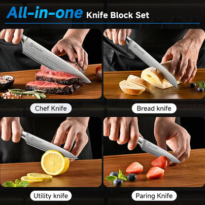 Knife Set with Block and Sharpener, 15 Pcs Kitchen Knife Block Set