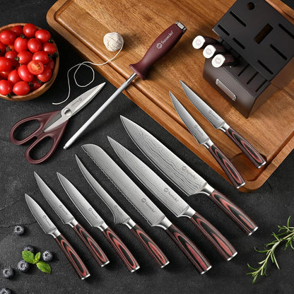 Knife Set with Block and Sharpener, 15 Pcs Kitchen Knife Block Set