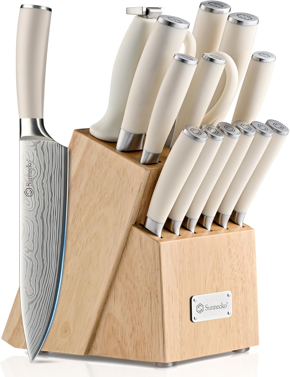 Knife Set with Block and Sharpener, 15 Pcs Kitchen Knife Block Set