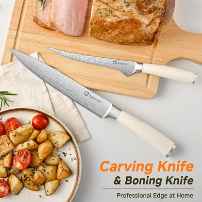 Knife Set with Block and Sharpener, 15 Pcs Kitchen Knife Block Set