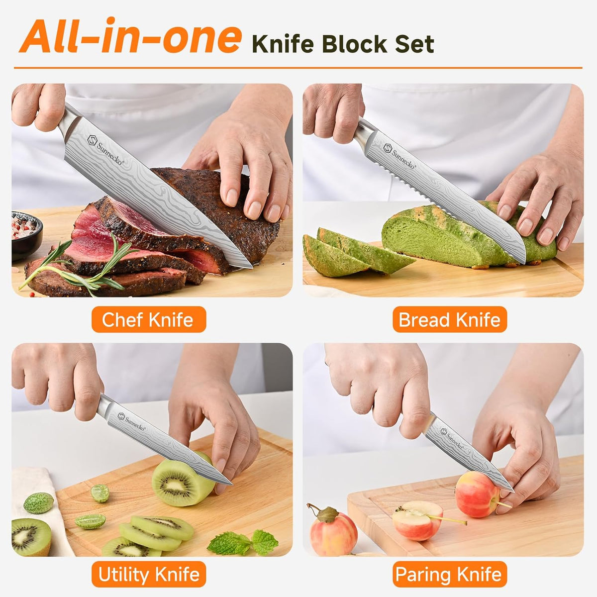 Knife Set with Block and Sharpener, 15 Pcs Kitchen Knife Block Set