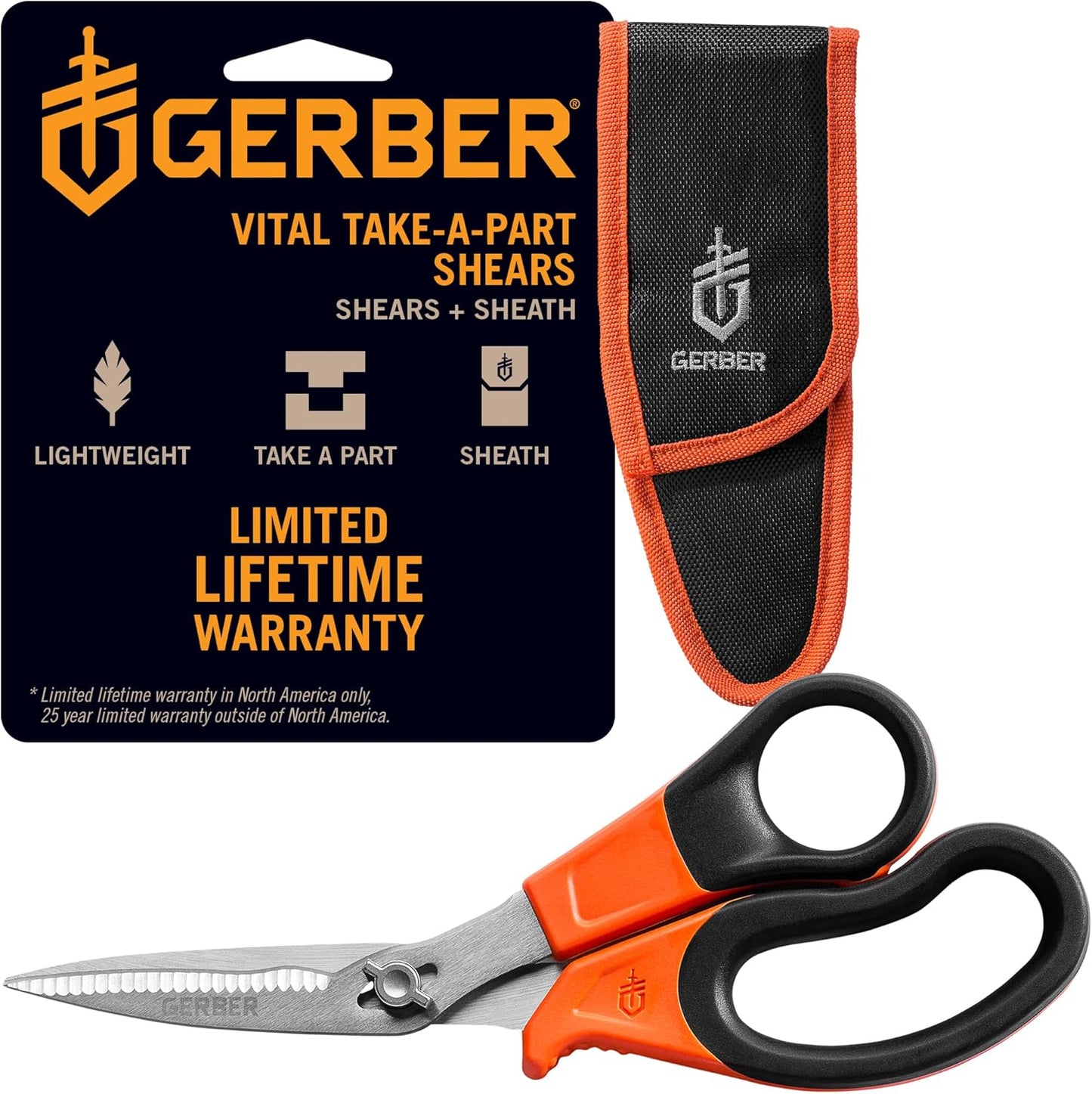 Vital Take-Apart Poultry Kitchen & Hunting Shears, Serrated, Orange | 5.5", serrated blades to cut chicken and small game, non-slip orange handle