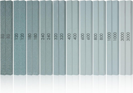 20 Pcs Sharpening Stone Set,Grit 80# 120# 180# 240# 320# 400# 600# 800# 1000# 3000# Rectangular Shaped Silicon Carbide Honing Whetstone for Scissor,Knife,Metal, Moldels-150 x12 x 12mm