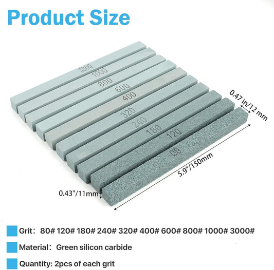 20 Pcs Sharpening Stone Set,Grit 80# 120# 180# 240# 320# 400# 600# 800# 1000# 3000# Rectangular Shaped Silicon Carbide Honing Whetstone for Scissor,Knife,Metal, Moldels-150 x12 x 12mm