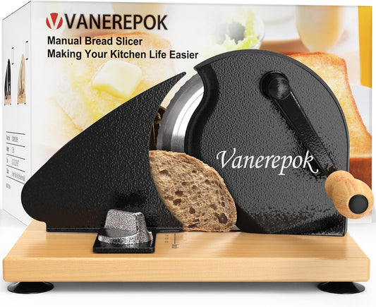 Manual Bread Slicer Adjustable Thickness for Homemade Sourdough | Hand Crank Bread Cutter with Scale & Stable Suction Cups & Wood Base for Even Slicing Perfect Baking Gift for Home Bakers