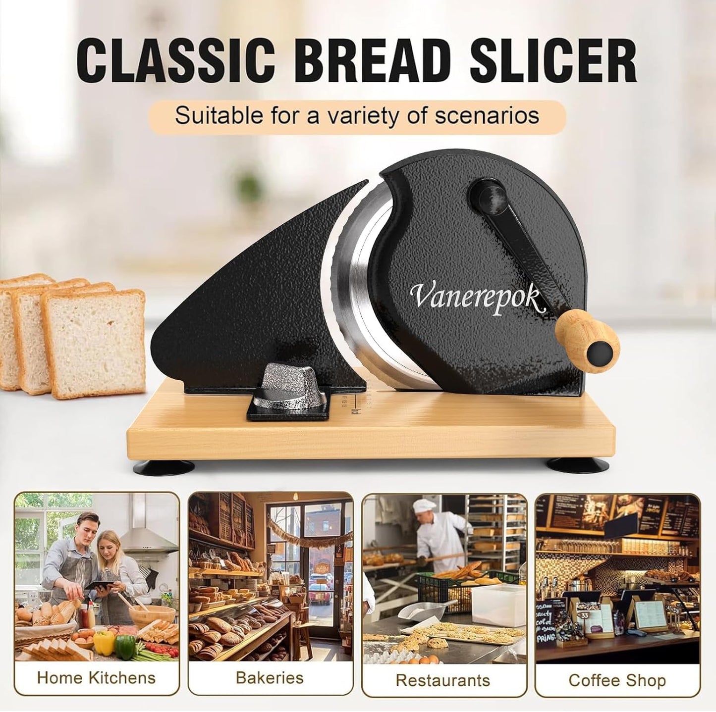 Manual Bread Slicer Adjustable Thickness for Homemade Sourdough | Hand Crank Bread Cutter with Scale & Stable Suction Cups & Wood Base for Even Slicing Perfect Baking Gift for Home Bakers