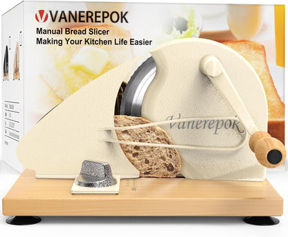 Manual Bread Slicer Adjustable Thickness for Homemade Sourdough | Hand Crank Bread Cutter with Scale & Stable Suction Cups & Wood Base for Even Slicing Perfect Baking Gift for Home Bakers