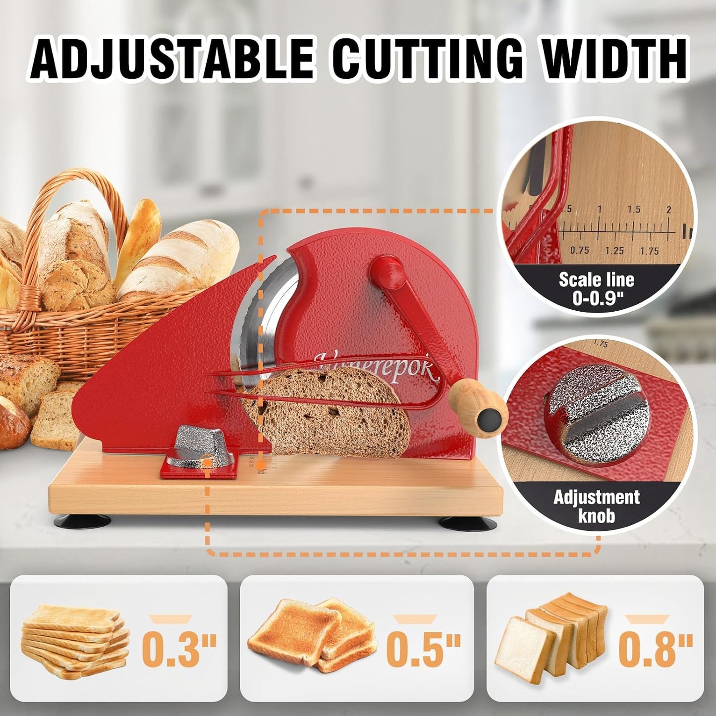 Manual Bread Slicer Adjustable Thickness for Homemade Sourdough | Hand Crank Bread Cutter with Scale & Stable Suction Cups & Wood Base for Even Slicing Perfect Baking Gift for Home Bakers