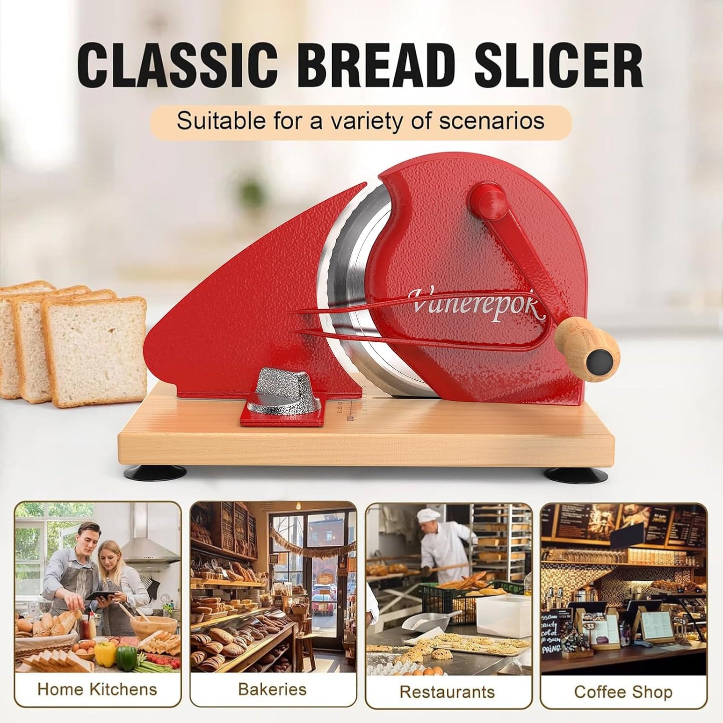 Manual Bread Slicer Adjustable Thickness for Homemade Sourdough | Hand Crank Bread Cutter with Scale & Stable Suction Cups & Wood Base for Even Slicing Perfect Baking Gift for Home Bakers