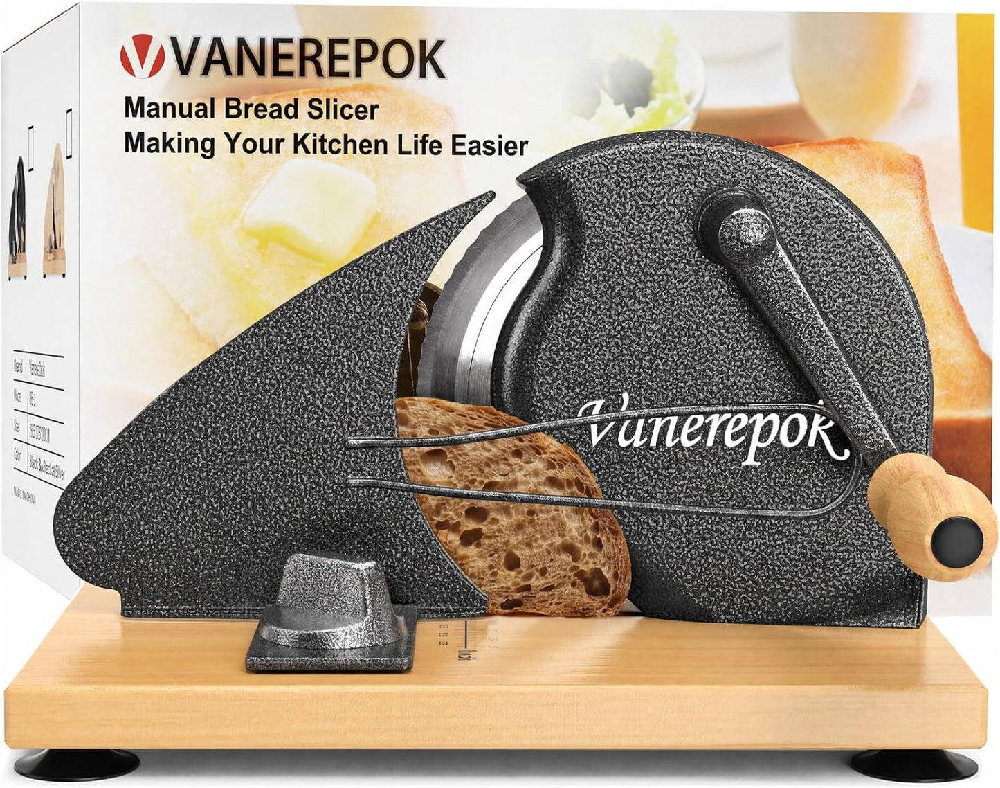 Manual Bread Slicer Adjustable Thickness for Homemade Sourdough | Hand Crank Bread Cutter with Scale & Stable Suction Cups & Wood Base for Even Slicing Perfect Baking Gift for Home Bakers