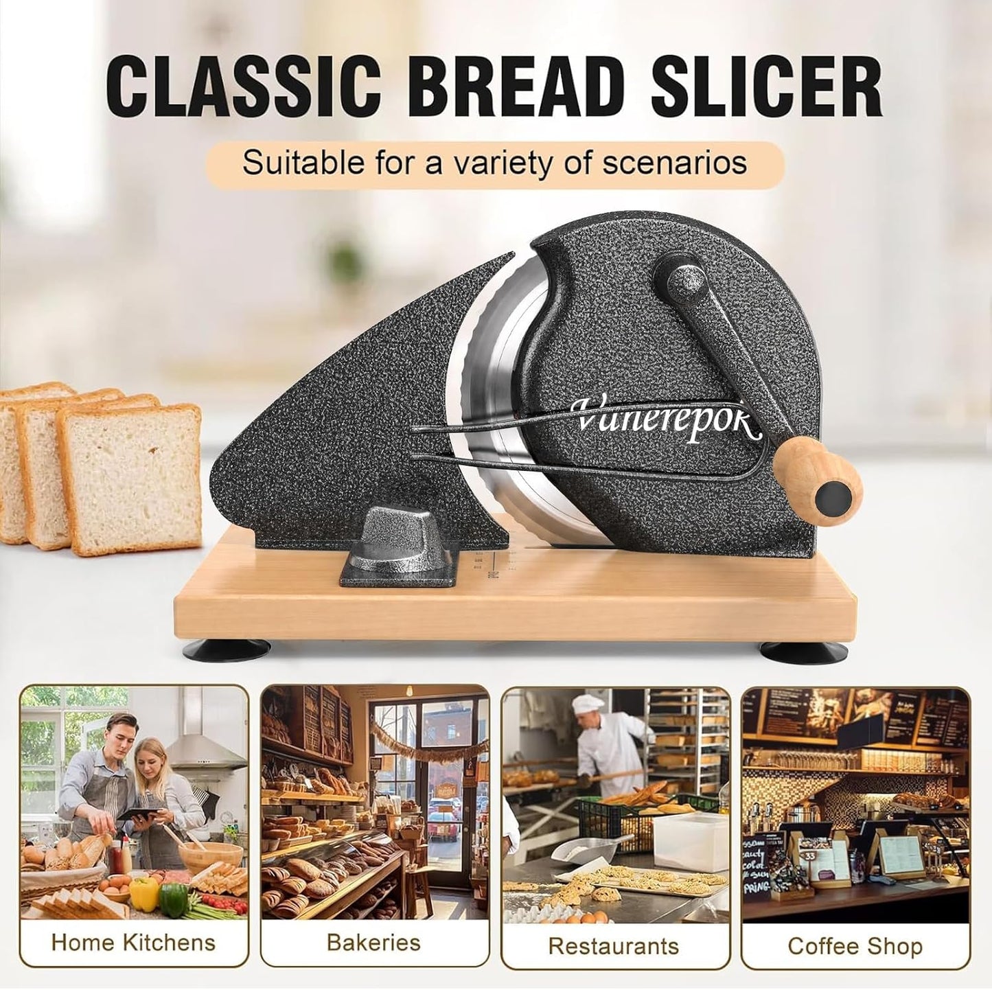 Manual Bread Slicer Adjustable Thickness for Homemade Sourdough | Hand Crank Bread Cutter with Scale & Stable Suction Cups & Wood Base for Even Slicing Perfect Baking Gift for Home Bakers