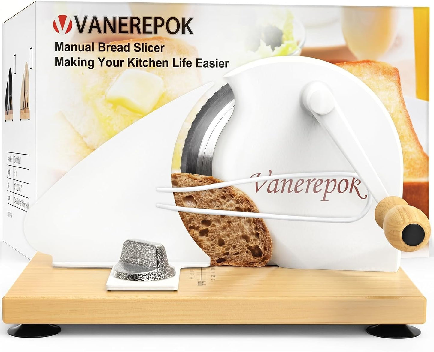 Manual Bread Slicer Adjustable Thickness for Homemade Sourdough | Hand Crank Bread Cutter with Scale & Stable Suction Cups & Wood Base for Even Slicing Perfect Baking Gift for Home Bakers