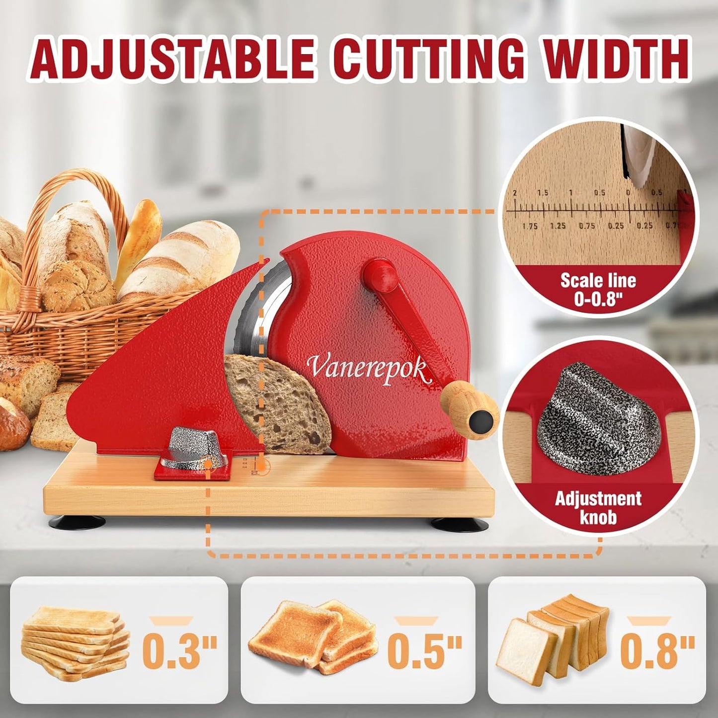 Manual Bread Slicer Adjustable Thickness for Homemade Sourdough | Hand Crank Bread Cutter with Scale & Stable Suction Cups & Wood Base for Even Slicing Perfect Baking Gift for Home Bakers
