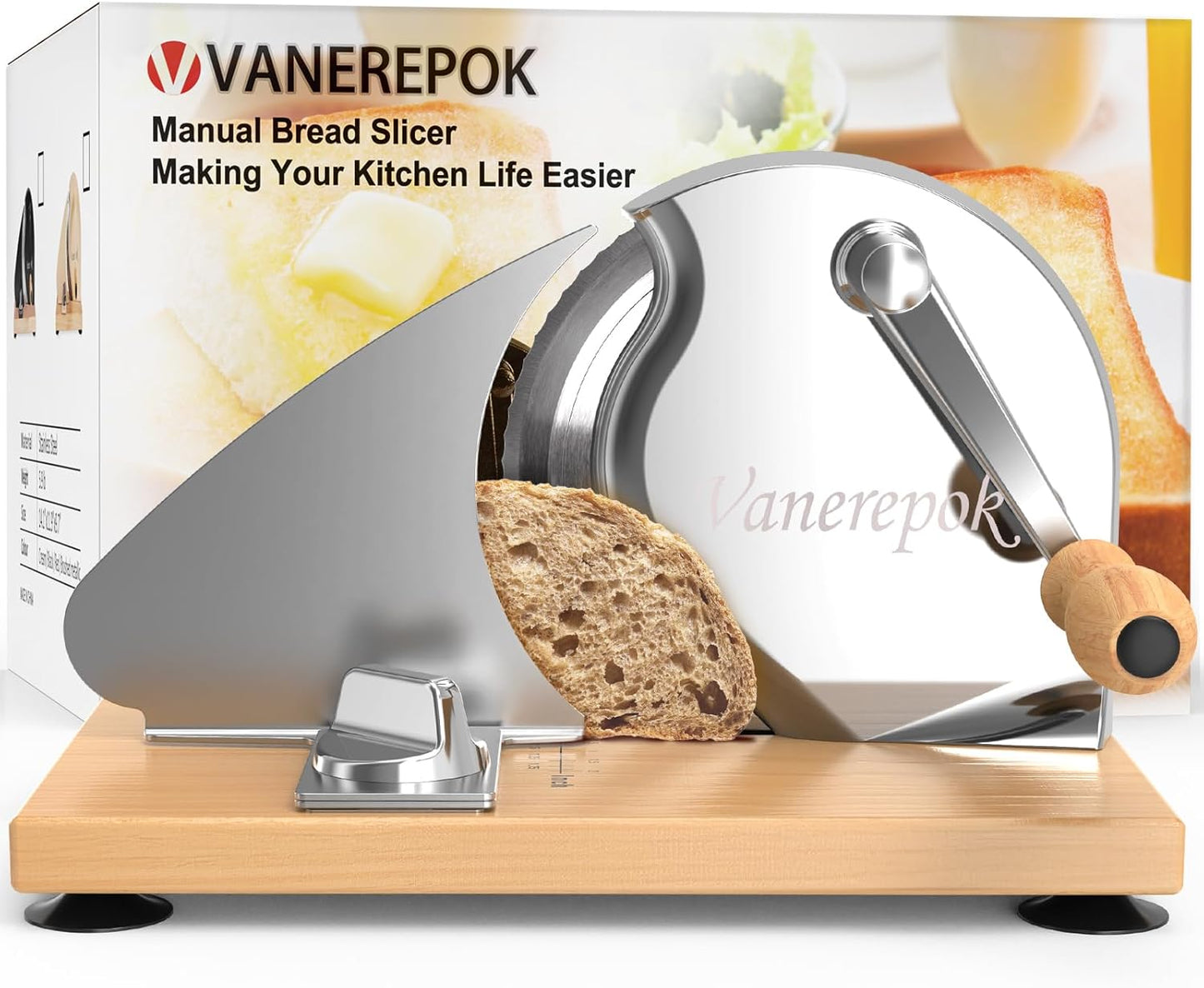 Manual Bread Slicer Adjustable Thickness for Homemade Sourdough | Hand Crank Bread Cutter with Scale & Stable Suction Cups & Wood Base for Even Slicing Perfect Baking Gift for Home Bakers