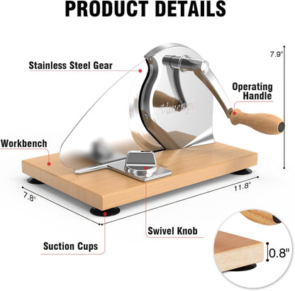 Manual Bread Slicer Adjustable Thickness for Homemade Sourdough | Hand Crank Bread Cutter with Scale & Stable Suction Cups & Wood Base for Even Slicing Perfect Baking Gift for Home Bakers