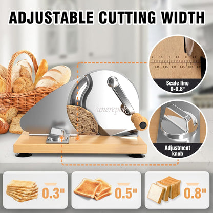 Manual Bread Slicer Adjustable Thickness for Homemade Sourdough | Hand Crank Bread Cutter with Scale & Stable Suction Cups & Wood Base for Even Slicing Perfect Baking Gift for Home Bakers