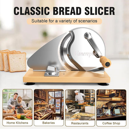 Manual Bread Slicer Adjustable Thickness for Homemade Sourdough | Hand Crank Bread Cutter with Scale & Stable Suction Cups & Wood Base for Even Slicing Perfect Baking Gift for Home Bakers