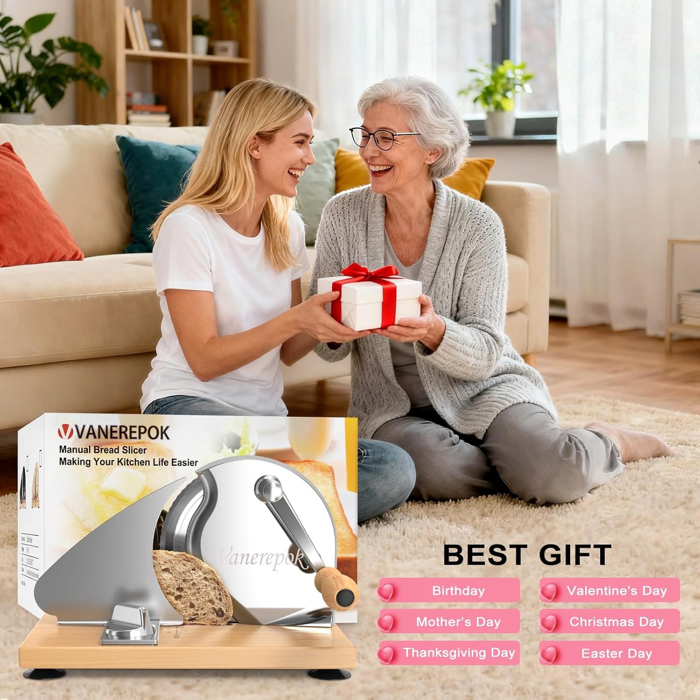 Manual Bread Slicer Adjustable Thickness for Homemade Sourdough | Hand Crank Bread Cutter with Scale & Stable Suction Cups & Wood Base for Even Slicing Perfect Baking Gift for Home Bakers