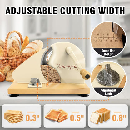 Manual Bread Slicer Adjustable Thickness for Homemade Sourdough | Hand Crank Bread Cutter with Scale & Stable Suction Cups & Wood Base for Even Slicing Perfect Baking Gift for Home Bakers